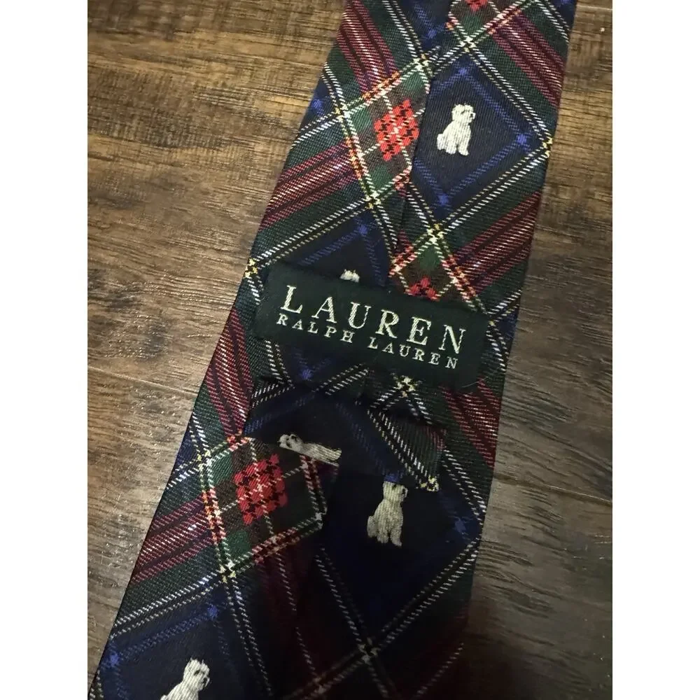 Lauren Ralph Lauren Tie Mens Red Green Plaid Scottie Dog Silk Hand Made Preppy